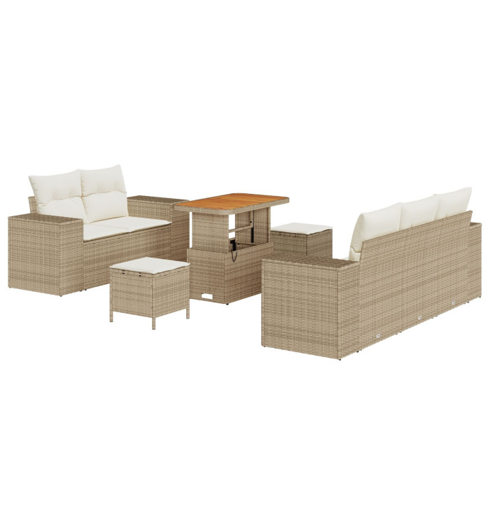 Canapés de Jardin 8 Pièces avec Coussins Beige Poly Rotin Acacia, Dîner de Jardin 3 Pièces avec Coussins Beige Poly Rotin Acacia