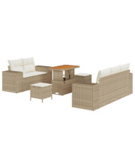 Canapés de Jardin 8 Pièces avec Coussins Beige Poly Rotin Acacia, Dîner de Jardin 3 Pièces avec Coussins Beige Poly Rotin Acacia