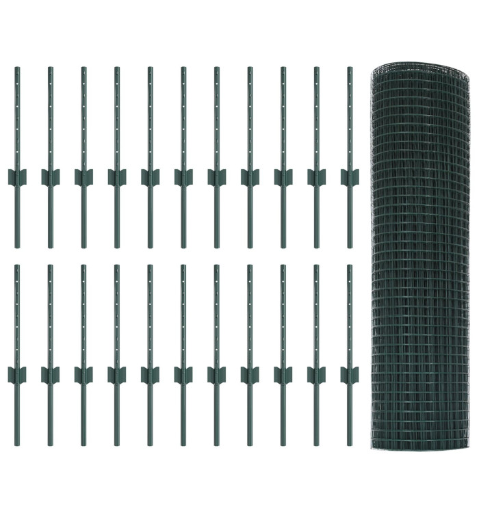 Clôture en fil soudé avec 22 poteaux U Vert 0.4x50 m en acier | Mobilier & Déco