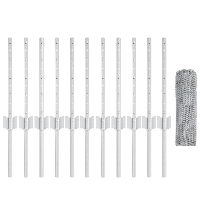 Poteaux de Clôture 11 pcs U-Channel 40 cm Acier Galvanisé, Clôture Hexagonale 0.4x25 m Acier Galvanisé | Mobilier & Déco