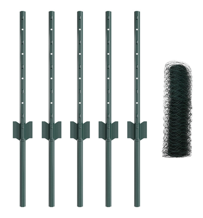 Poteaux de Clôture 5 pcs U-Channel Vert 40 cm Acier, Clôture Hexagonale Verte 0,4x10 m Acier | Mobilier & Déco