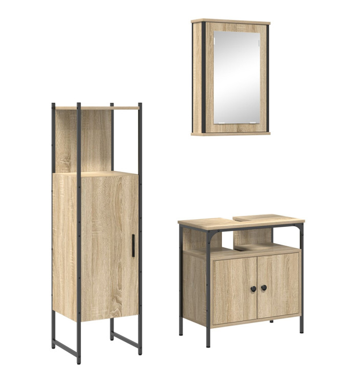 Ensemble meuble salle de bain 3 pièces en chêne Sonoma en bois d'ingénierie | Mobilier & Déco