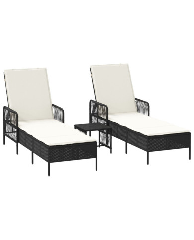 Set de chaises longues 3 pièces Noir et crème Ratan PE, métal | Mobilier & Déco