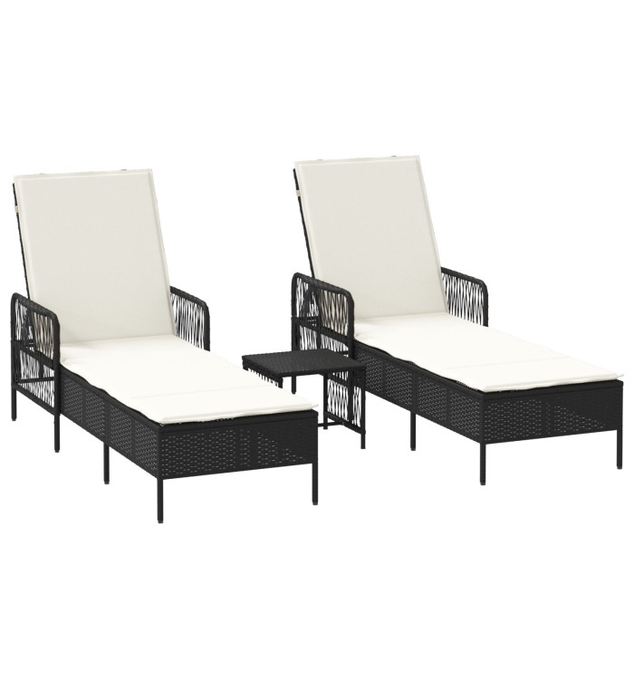 Set de chaises longues 3 pièces Noir et crème Ratan PE, métal | Mobilier & Déco