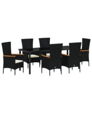 Ensemble de salle à manger de jardin 7 pièces avec coussins Noir Rattan Poly | Mobilier & Déco