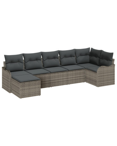Ensemble de Canapés de Jardin 7 Pièces avec Coussins Gris Poly Rotin, Canapé de Jardin 2 Places avec Coussins Gris Poly Rotin | 