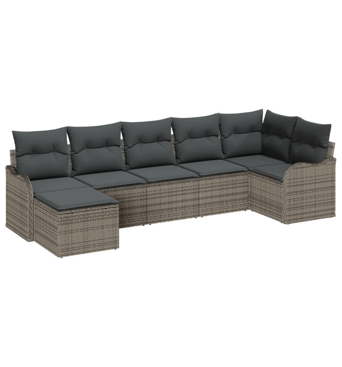 Ensemble de Canapés de Jardin 7 Pièces avec Coussins Gris Poly Rotin, Canapé de Jardin 2 Places avec Coussins Gris Poly Rotin | 