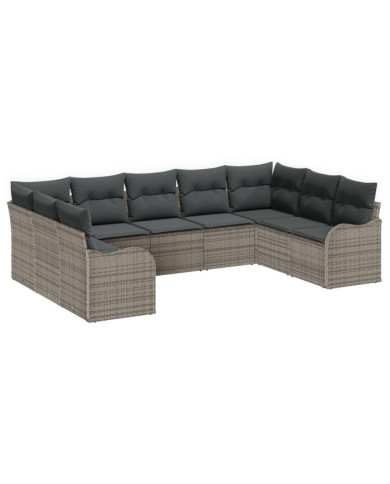 Ensemble de canapé de jardin 9 pièces avec coussins gris poly rattan, Canapé de jardin 2 places avec coussins gris poly rattan |