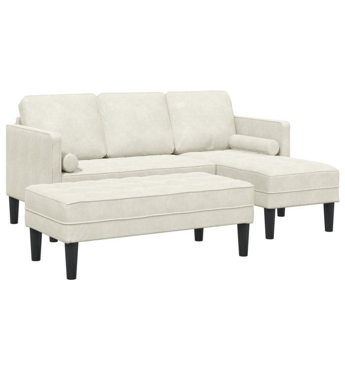 Sofa de Jardin avec Banc et Coussins en Velours Crème en L, Sofa en L Crème 173x131x67 cm Velours, Banc Crème 113 cm Velours 