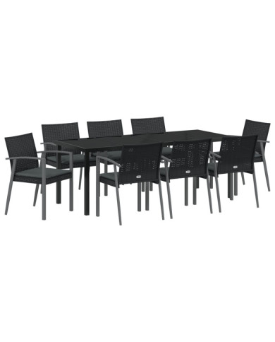 Ensemble de salle à manger de jardin 9 pièces avec coussins en poly rotin noir | Mobilier & Déco
