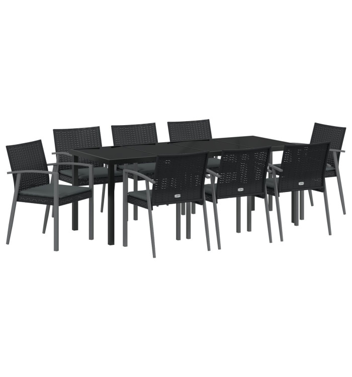 Ensemble de salle à manger de jardin 9 pièces avec coussins en poly rotin noir | Mobilier & Déco