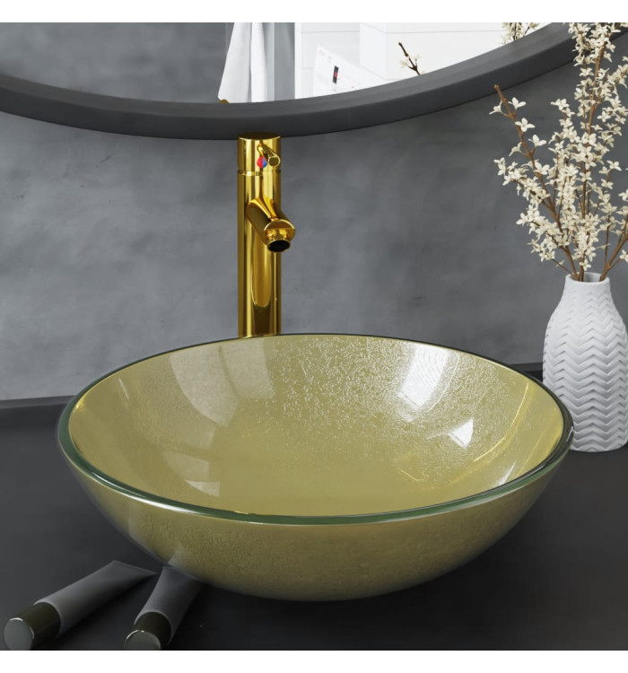 Lavabo de bain avec robinet et drain à poussoir Verre trempé | Mobilier & Déco