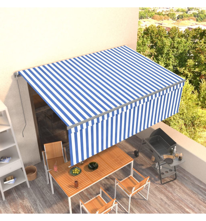 Auvent manuel rétractable avec store 4x3 m Bleu et blanc | Mobilier & Déco