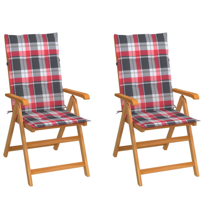 Chaises de jardin lot de 2 et coussins à carreaux rouges Teck | Mobilier & Déco