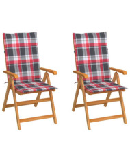 Chaises de jardin lot de 2 et coussins à carreaux rouges Teck | Mobilier & Déco