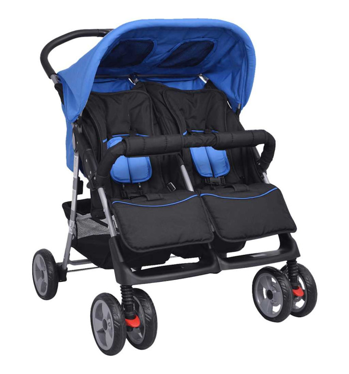 Poussette à deux places Acier Bleu et noir | Mobilier & Déco