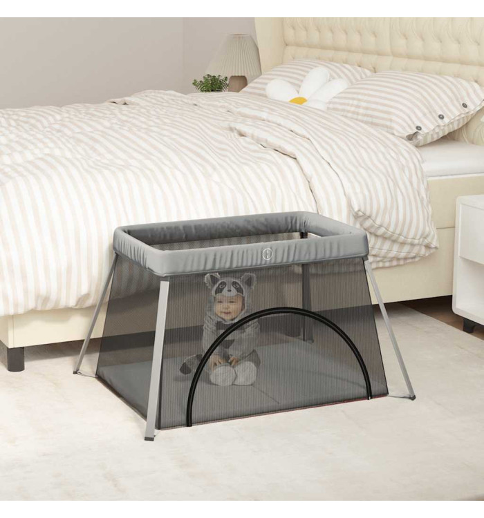Parc pour bébé avec matelas Gris clair Tissu de lin | Mobilier & Déco