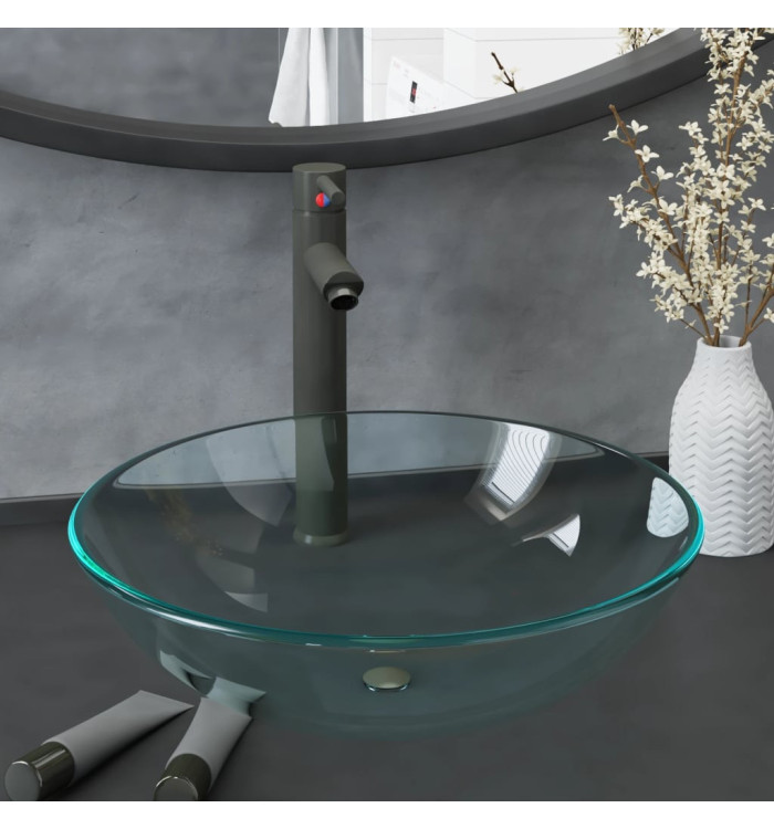 Lavabo de bain avec robinet et drain à poussoir Verre trempé | Mobilier & Déco
