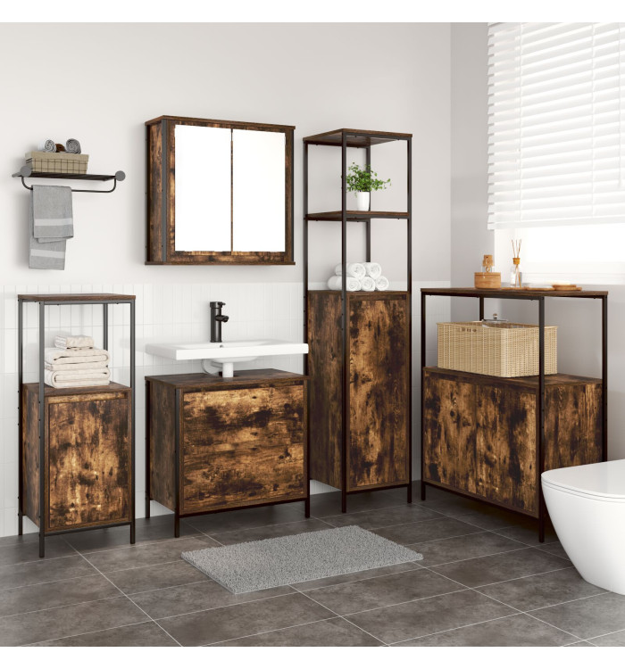 Ensemble de meubles de salle de bain 5 pièces en chêne fumé en bois d'ingénierie | Mobilier & Déco