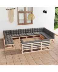 Salon de jardin 13 pcs avec coussins Bois de pin massif | Mobilier & Déco