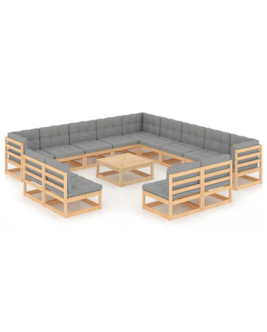 Salon de jardin 14 pcs avec coussins Bois de pin massif | Mobilier & Déco