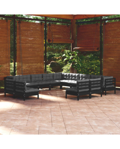 Salon de jardin 13 pcs avec coussins Noir Bois de pin solide | Mobilier & Déco
