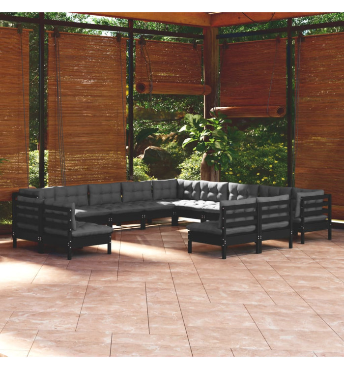 Salon de jardin 13 pcs avec coussins Noir Bois de pin solide | Mobilier & Déco