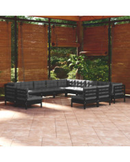 Salon de jardin 13 pcs avec coussins Noir Bois de pin solide | Mobilier & Déco