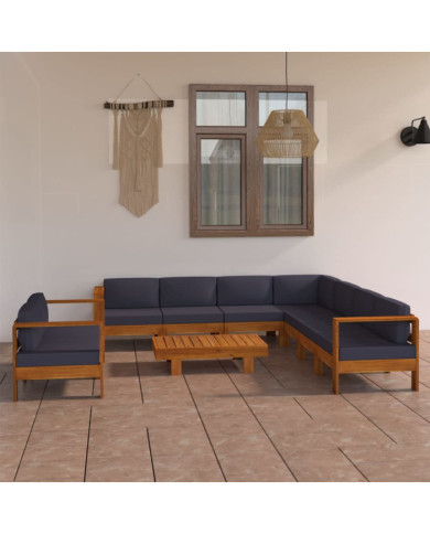 Salon de jardin 9 pcs avec coussins gris foncé Bois d'acacia | Mobilier & Déco