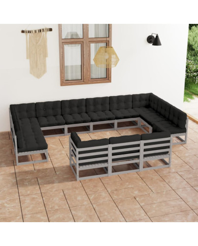 Salon de jardin 13 pcs avec coussins Gris Bois de pin massif | Mobilier & Déco