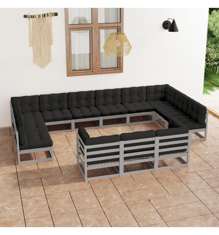 Salon de jardin 13 pcs avec coussins Gris Bois de pin massif | Mobilier & Déco