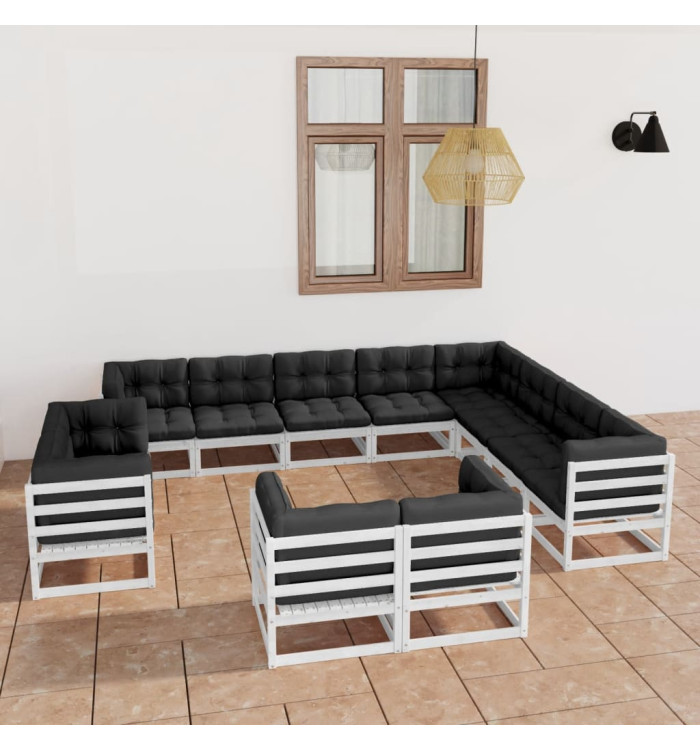 Salon de jardin 12 pcs avec coussins Blanc Bois de pin massif | Mobilier & Déco