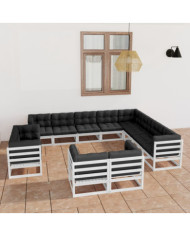 Salon de jardin 12 pcs avec coussins Blanc Bois de pin massif | Mobilier & Déco