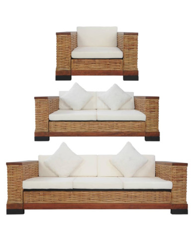 Ensemble de canapés 3 pcs avec coussins Marron Rotin naturel | Mobilier & Déco