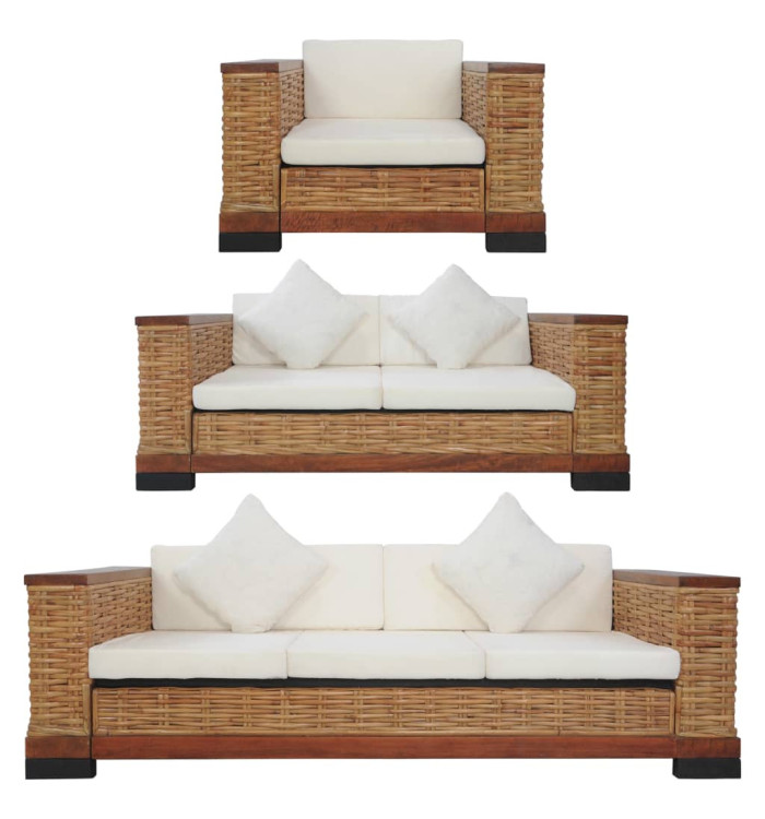 Ensemble de canapés 3 pcs avec coussins Marron Rotin naturel | Mobilier & Déco