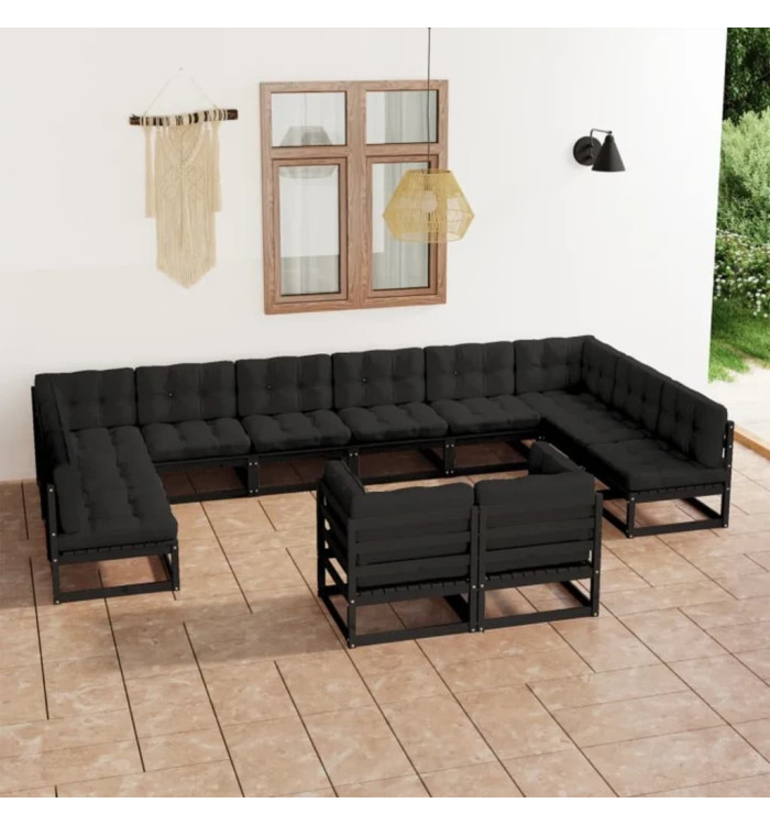 Salon de jardin 12 pcs avec coussins Noir Bois de pin massif | Mobilier & Déco