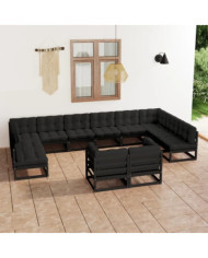Salon de jardin 12 pcs avec coussins Noir Bois de pin massif | Mobilier & Déco