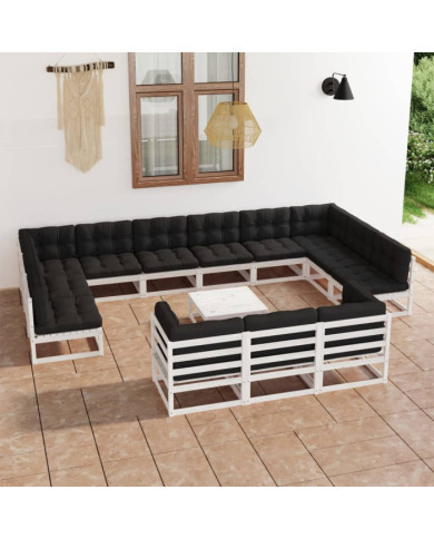 Salon de jardin 14 pcs avec coussins Blanc Bois de pin massif | Mobilier & Déco