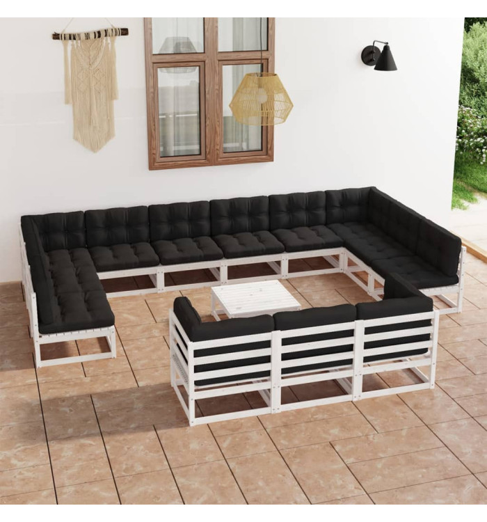 Salon de jardin 14 pcs avec coussins Blanc Bois de pin massif | Mobilier & Déco