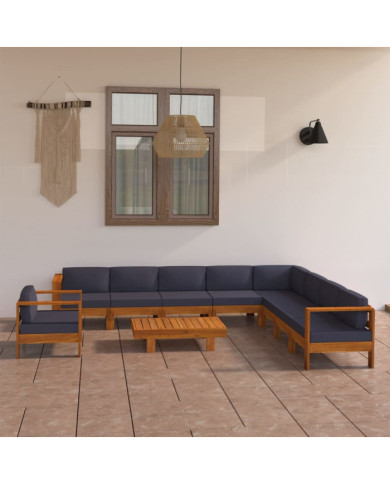 Salon de jardin 10 pcs avec coussins gris foncé Bois d'acacia | Mobilier & Déco