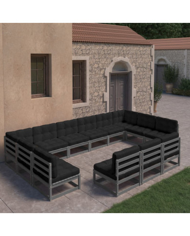 Salon de jardin 13 pcs avec coussins Gris Bois de pin massif | Mobilier & Déco