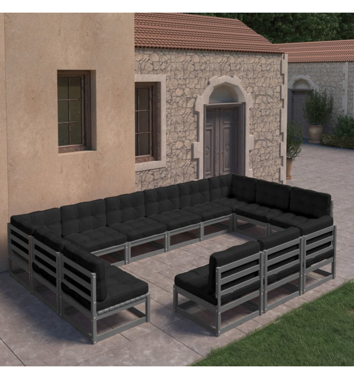 Salon de jardin 13 pcs avec coussins Gris Bois de pin massif | Mobilier & Déco