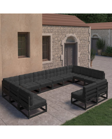 Salon de jardin 12 pcs avec coussins Noir Bois de pin massif | Mobilier & Déco