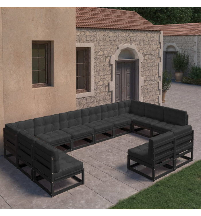 Salon de jardin 12 pcs avec coussins Noir Bois de pin massif | Mobilier & Déco