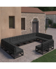 Salon de jardin 12 pcs avec coussins Noir Bois de pin massif | Mobilier & Déco