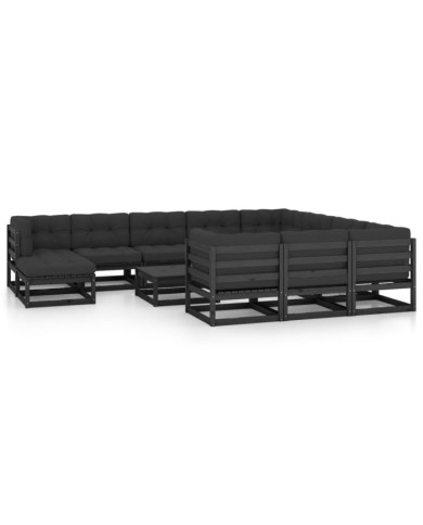 Salon de jardin 12 pcs avec coussins Noir Bois de pin massif | Mobilier & Déco