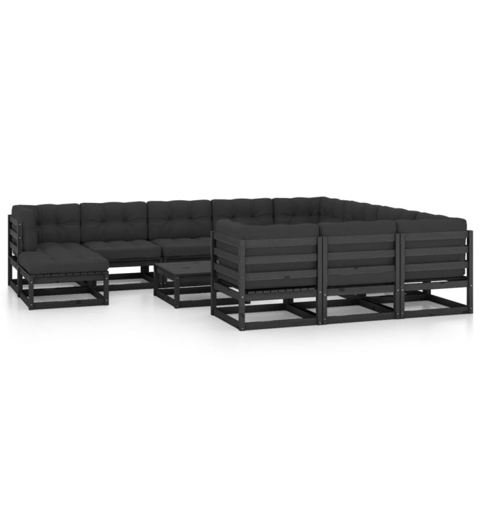 Salon de jardin 12 pcs avec coussins Noir Bois de pin massif | Mobilier & Déco