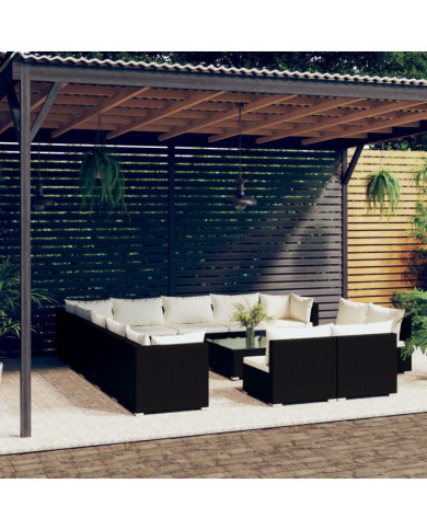 Salon de jardin 14 pcs avec coussins Noir Résine tressée | Mobilier & Déco