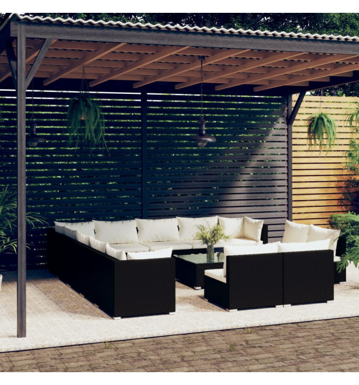 Salon de jardin 14 pcs avec coussins Noir Résine tressée | Mobilier & Déco