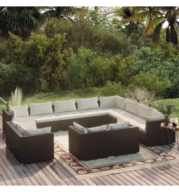 Salon de jardin 12 pcs avec coussins Noir Résine tressée | Mobilier & Déco